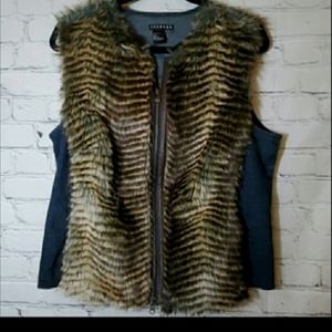 Spanner Faux Fur & Denim Front zip Vest with Leather Details